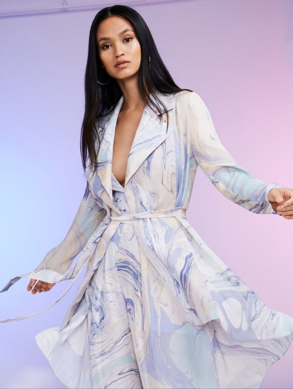 NWT Cushnie Silk Mid Length Soft Water Marble Print Uneven Hem Trench Coat